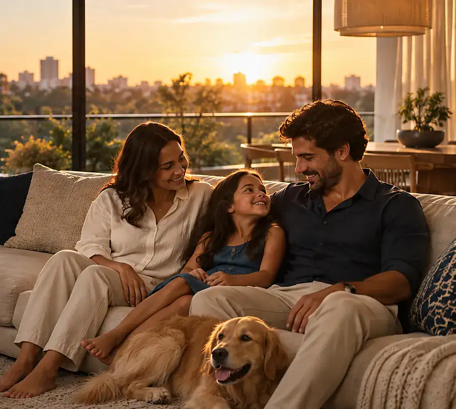 Família reunida no sofá da sala com seu cachorro, vista para o pôr do sol na cidade